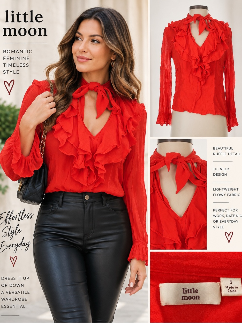 Little Moon Women’s Red Ruffle Tie Neck Blouse Long Sleeve Size S